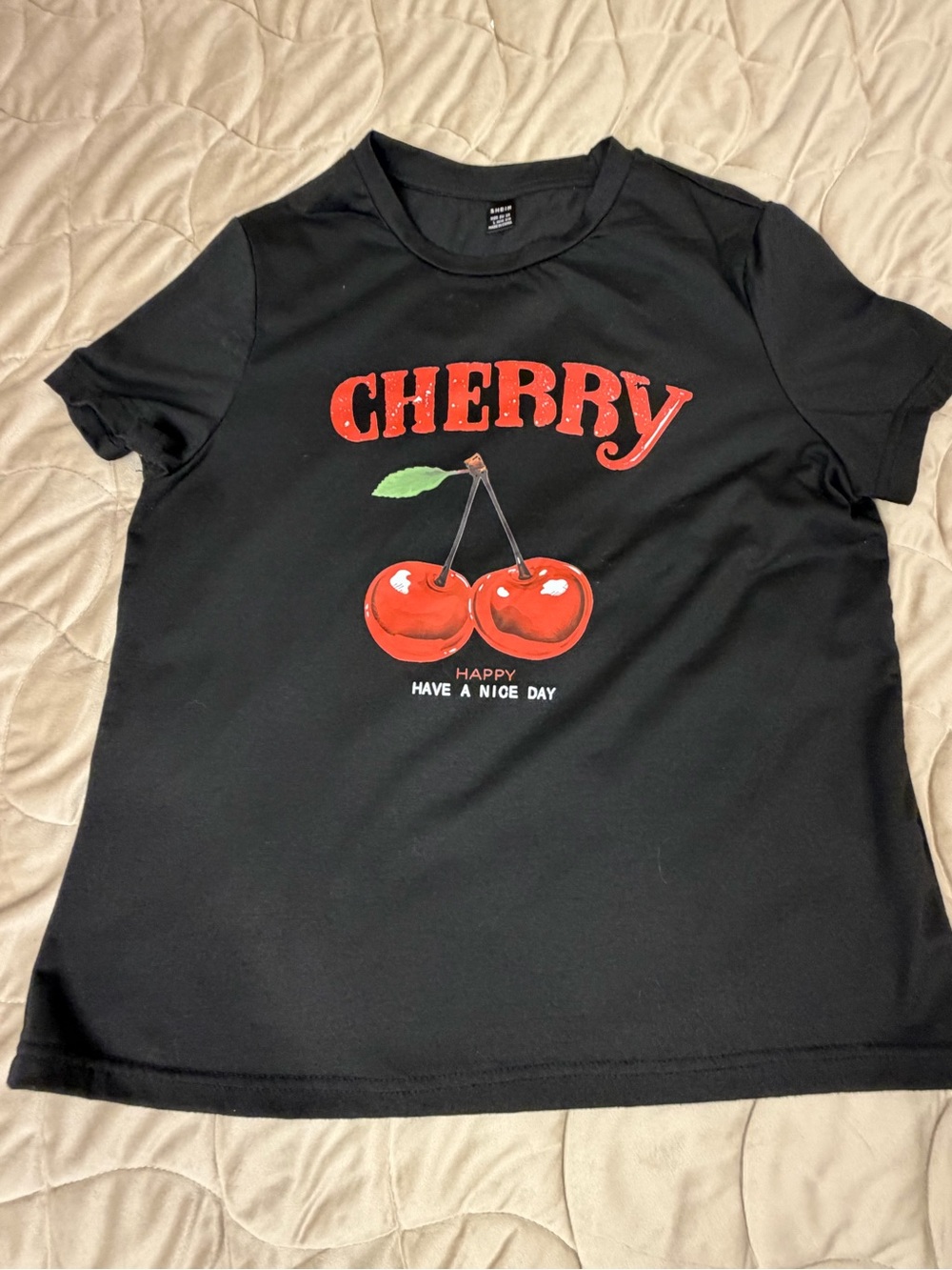 SHEIN Black Tee with Red Cherry Graphic